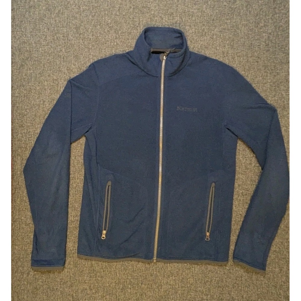 Marmot Fleece Jacket Mens Size Medium Blue Full Zip Mock Neck Sweatshirt Pocket